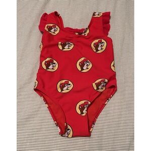 BUC-EE's 9-12 Month Girl Red One-Piece Ruffle Swimsuit Beaver Logo Baby Toddler